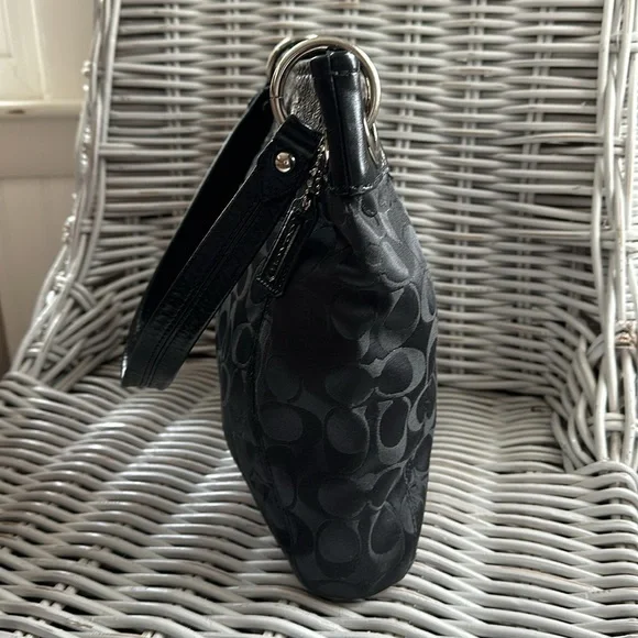 COACH Black Signature C Sateen Shoulder Bag with Creased Leather Trim - Picture 7 of 16